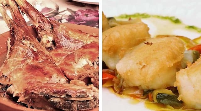 Lechazo asado al estilo castellano y Bacalao en tempura - Destino y Sabor