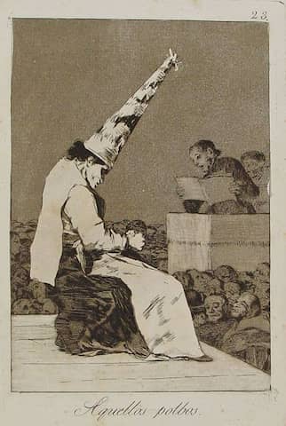 Grabado de Goya Aquellos Polvos con una bruja con sambenito